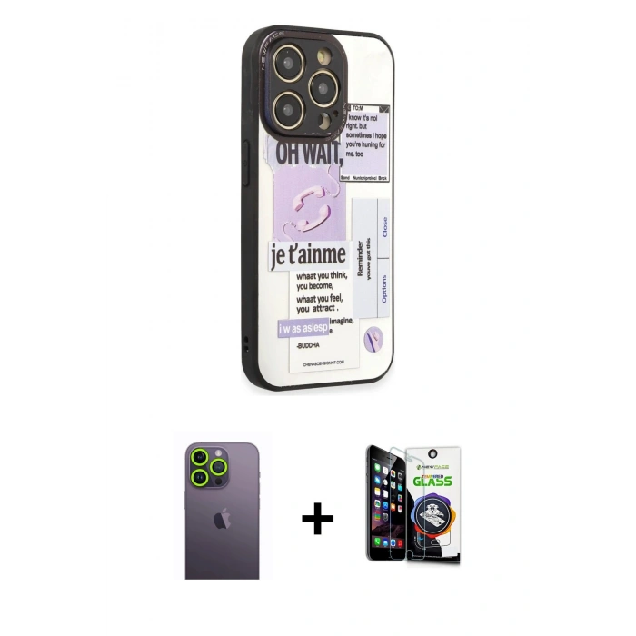 MARSİLYAN™- iPhone 12 Pro Max Kılıf Odak Klasik Serisi - Şeffaf Temperli Cam Ekran Koruyucu + Neon Fosforlu Kamera Lens - YL
