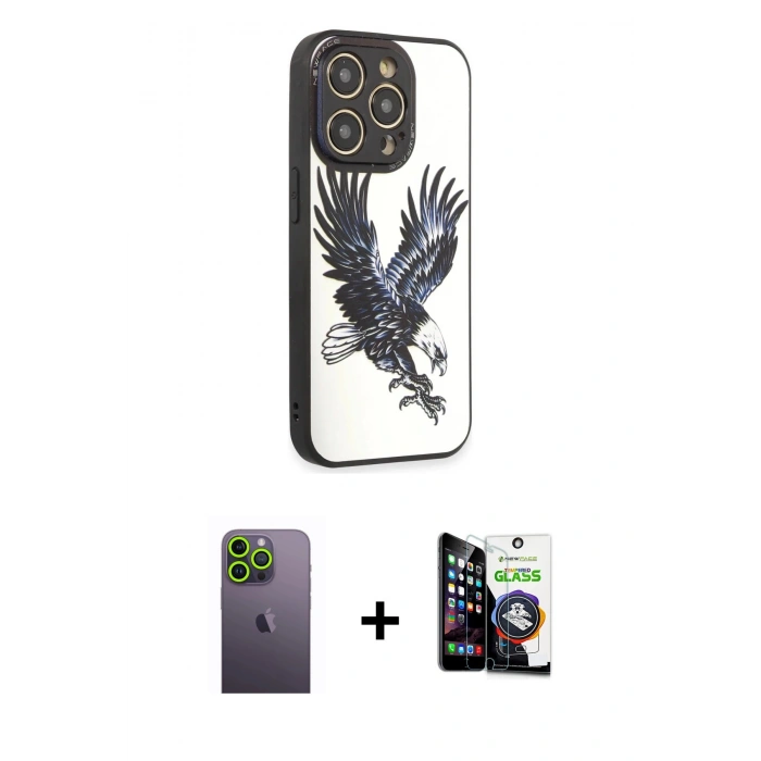 MARSİLYAN™- iPhone 12 Pro Max Kılıf Odak Klasik Serisi - Şeffaf Temperli Cam Ekran Koruyucu + Neon Fosforlu Kamera Lens - YL