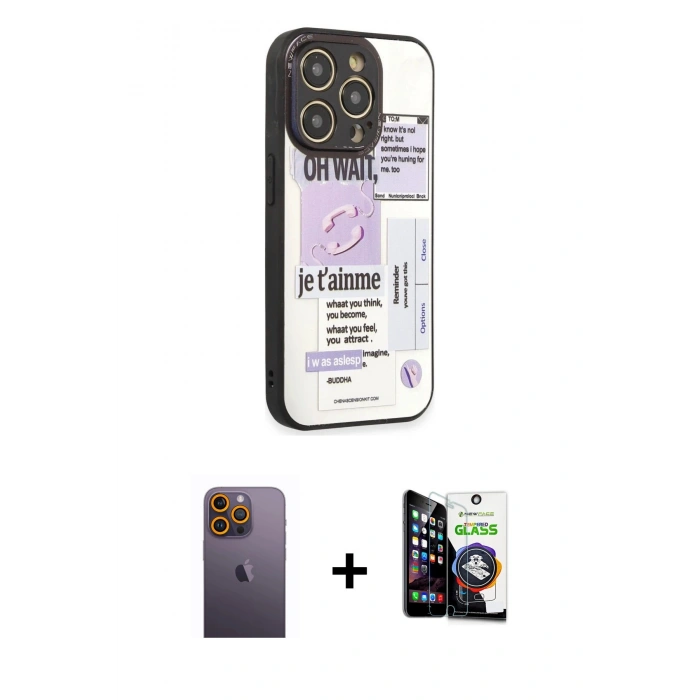 MARSİLYAN™- iPhone 12 Pro Max Kılıf Odak Klasik Serisi - Şeffaf Temperli Cam Ekran Koruyucu + Neon Fosforlu Kamera Lens - SI