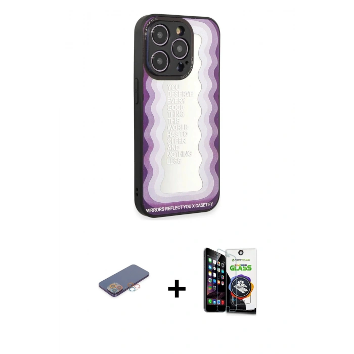 MARSİLYAN™- iPhone 12 Pro Max Kılıf Odak Klasik Serisi - Şeffaf Temperli Cam Ekran Koruyucu + Pembe Renkli Kamera Lens Koruma Cam