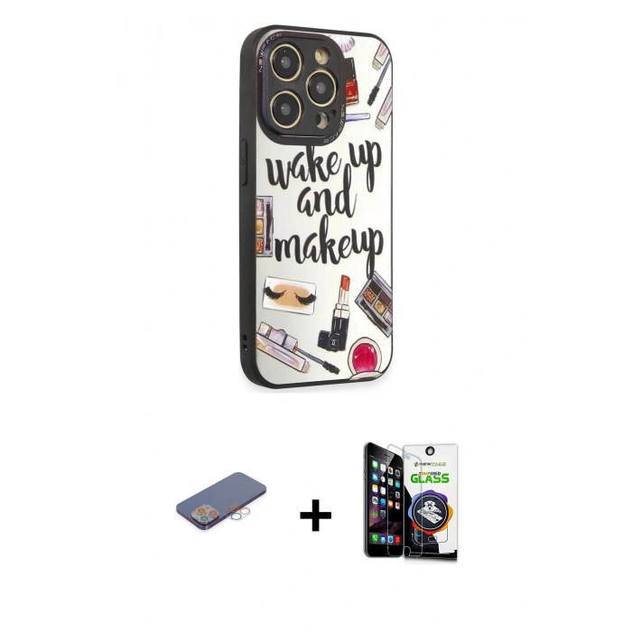 MARSİLYAN™- iPhone 12 Pro Max Kılıf Odak Klasik Serisi - Şeffaf Temperli Cam Ekran Koruyucu + Pembe Renkli Kamera Lens Koruma Cam