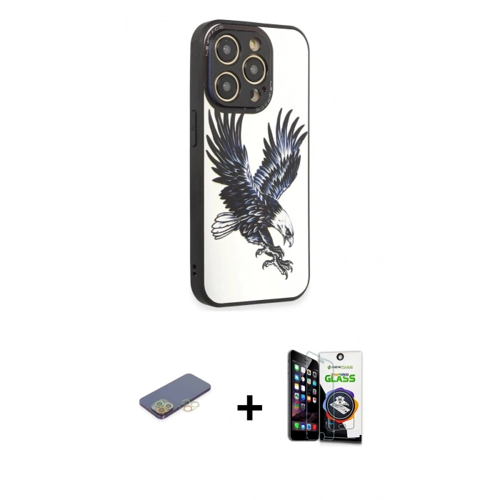 MARSİLYAN™- iPhone 12 Pro Max Kılıf Odak Klasik Serisi - Şeffaf Temperli Cam Ekran Koruyucu + Renkli Kamera Lens Koruma Cam - SI