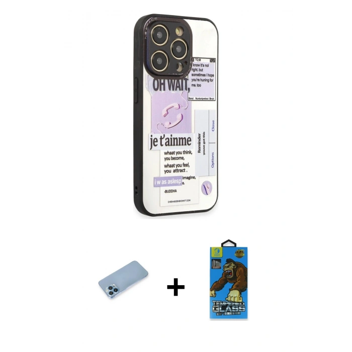 MARSİLYAN™- iPhone 12 Pro Max Kılıf Odak Klasik Serisi - Siyah 18D Cam Ekran Koruyucu + Mavi Shine Kamera Lens Koruma Cam
