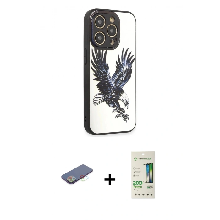 MARSİLYAN™- iPhone 12 Pro Max Kılıf Odak Klasik Serisi - Siyah 20D Premium Cam Ekran Koruyucu + Mavi Renkli Kamera Lens Koruma Cam