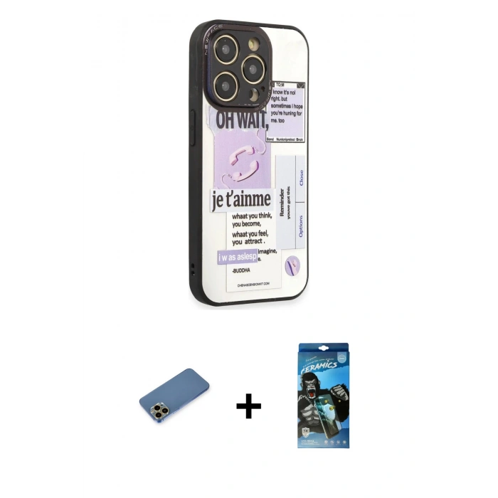 MARSİLYAN™- iPhone 12 Pro Max Kılıf Odak Klasik Serisi - Siyah 34D Izgaralı Cam + Shine Kamera Lens Koruma Cam - GD