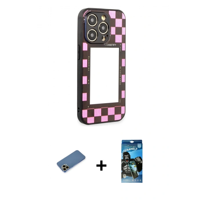 MARSİLYAN™- iPhone 12 Pro Max Kılıf Odak Klasik Serisi - Siyah 34D Izgaralı Cam + Shine Kamera Lens Koruma Cam - GD