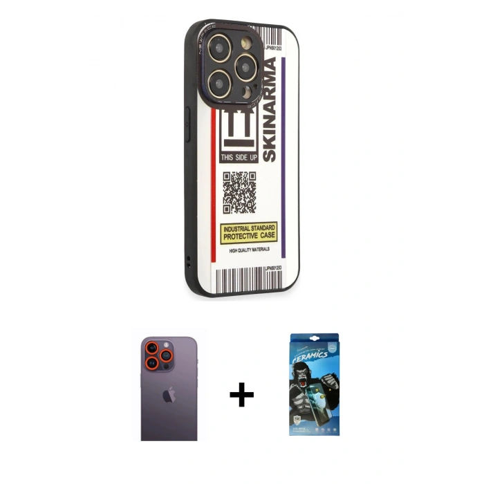 MARSİLYAN™- iPhone 12 Pro Max Kılıf Odak Klasik Serisi - Siyah 34D Izgaralı Cam + Neon Fosforlu Kamera Lens - TU