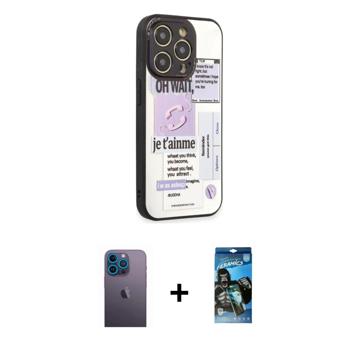 MARSİLYAN™- iPhone 12 Pro Max Kılıf Odak Klasik Serisi - Siyah 34D Izgaralı Cam + Neon Fosforlu Kamera Lens - MI