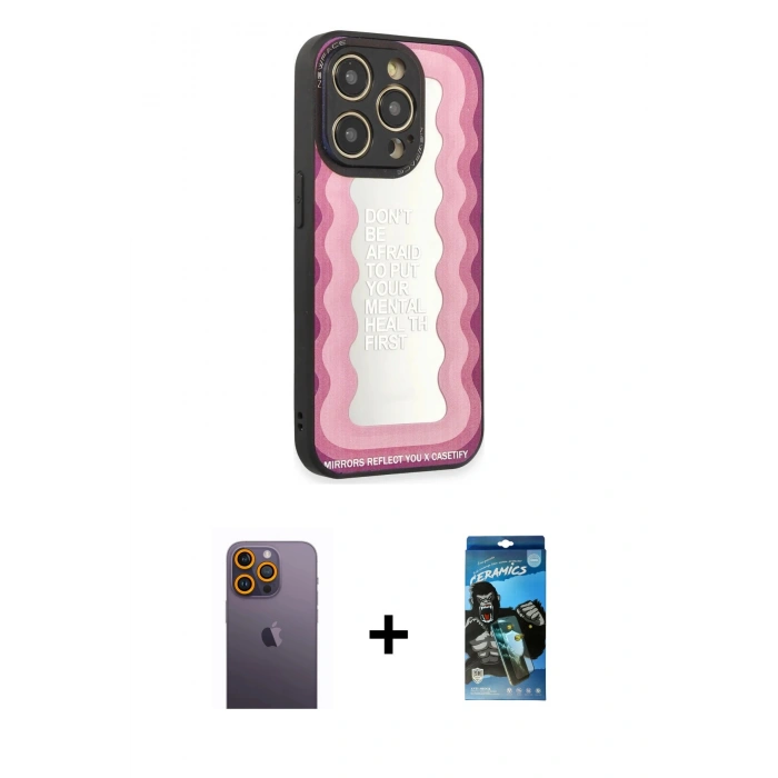 MARSİLYAN™- iPhone 12 Pro Max Kılıf Odak Klasik Serisi - Siyah 34D Izgaralı Cam + Neon Fosforlu Kamera Lens - SI
