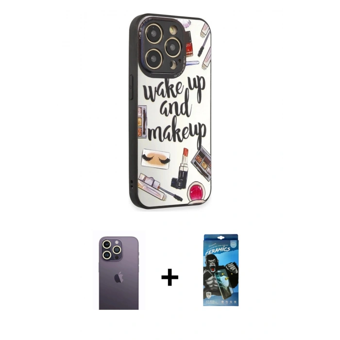 MARSİLYAN™- iPhone 12 Pro Max Kılıf Odak Klasik Serisi - Siyah 34D Izgaralı Cam + Neon Fosforlu Kamera Lens - BZ