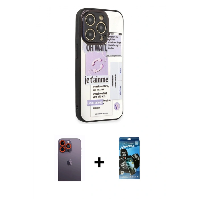 MARSİLYAN™- iPhone 12 Pro Max Kılıf Odak Klasik Serisi - Siyah 34D Izgaralı Cam + Neon Fosforlu Kamera Lens - TU