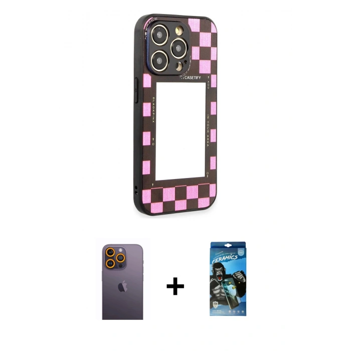 MARSİLYAN™- iPhone 12 Pro Max Kılıf Odak Klasik Serisi - Siyah 34D Izgaralı Cam + Neon Fosforlu Kamera Lens - SI
