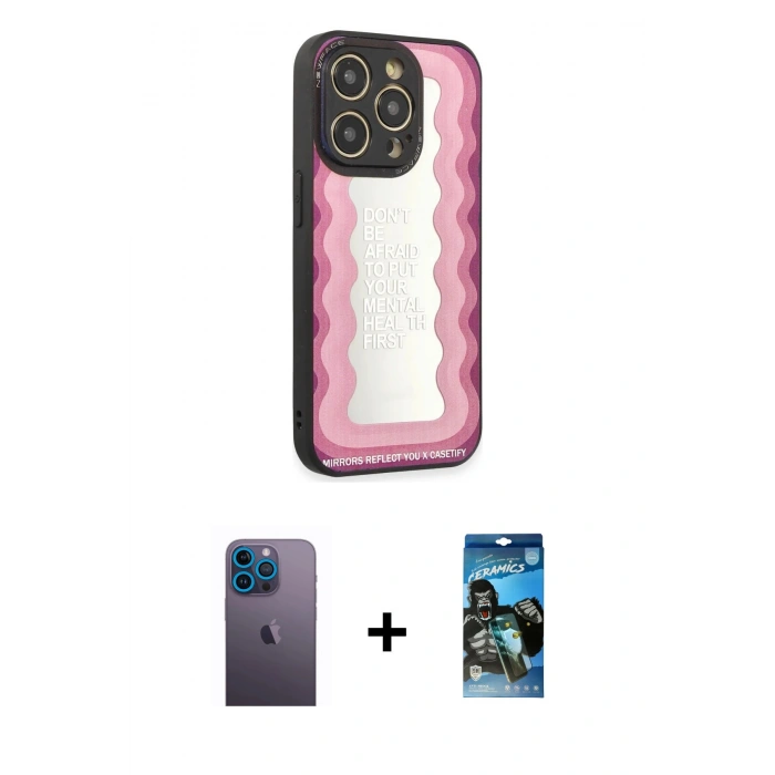 MARSİLYAN™- iPhone 12 Pro Max Kılıf Odak Klasik Serisi - Siyah 34D Izgaralı Cam + Neon Fosforlu Kamera Lens - MI