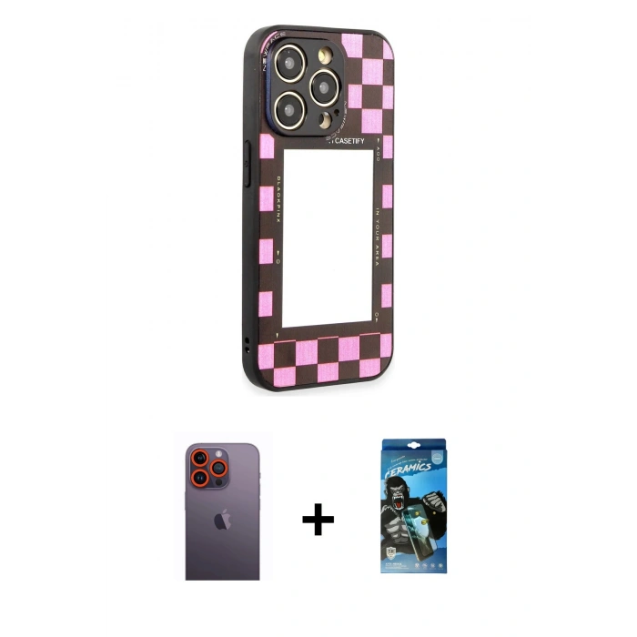 MARSİLYAN™- iPhone 12 Pro Max Kılıf Odak Klasik Serisi - Siyah 34D Izgaralı Cam + Neon Fosforlu Kamera Lens - TU