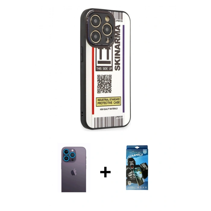 MARSİLYAN™- iPhone 12 Pro Max Kılıf Odak Klasik Serisi - Siyah 34D Izgaralı Cam + Neon Fosforlu Kamera Lens - MI