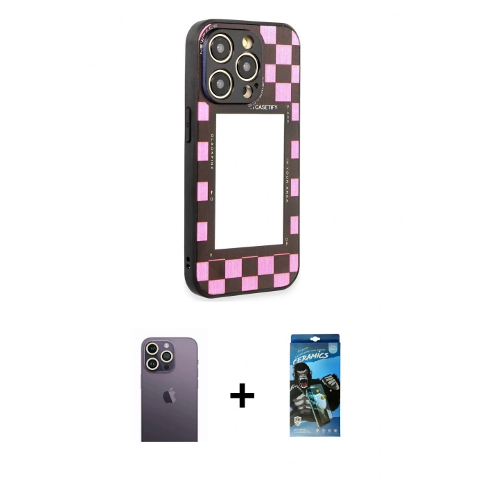 MARSİLYAN™- iPhone 12 Pro Max Kılıf Odak Klasik Serisi - Siyah 34D Izgaralı Cam + Neon Fosforlu Kamera Lens - BZ