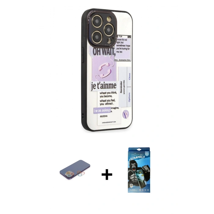 MARSİLYAN™- iPhone 12 Pro Max Kılıf Odak Klasik Serisi - Siyah 34D Izgaralı Cam + Renkli Kamera Lens Koruma Cam - PE
