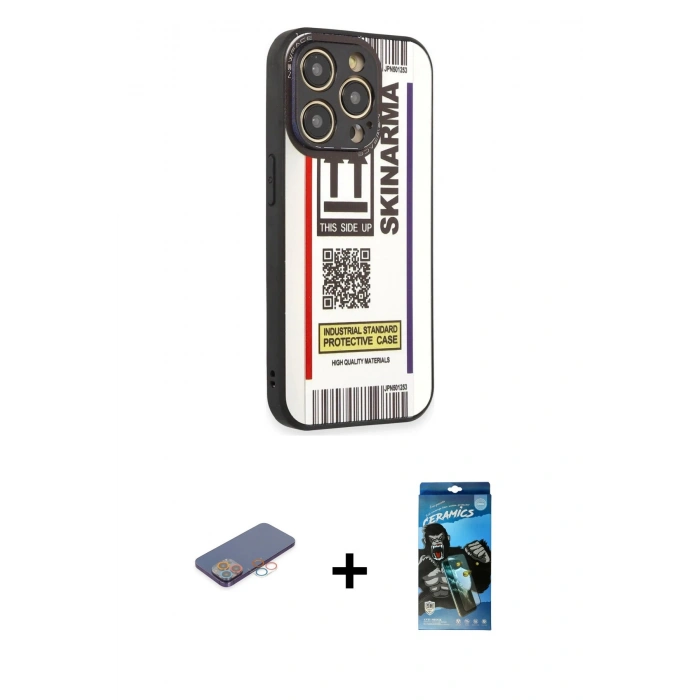 MARSİLYAN™- iPhone 12 Pro Max Kılıf Odak Klasik Serisi - Siyah 34D Izgaralı Cam + Renkli Kamera Lens Koruma Cam - PE