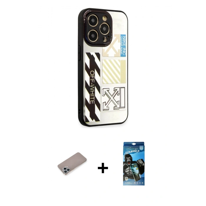 MARSİLYAN™- iPhone 12 Pro Max Kılıf Odak Klasik Serisi - Siyah 34D Izgaralı Cam + Shine Kamera Lens Koruma Cam - SABE