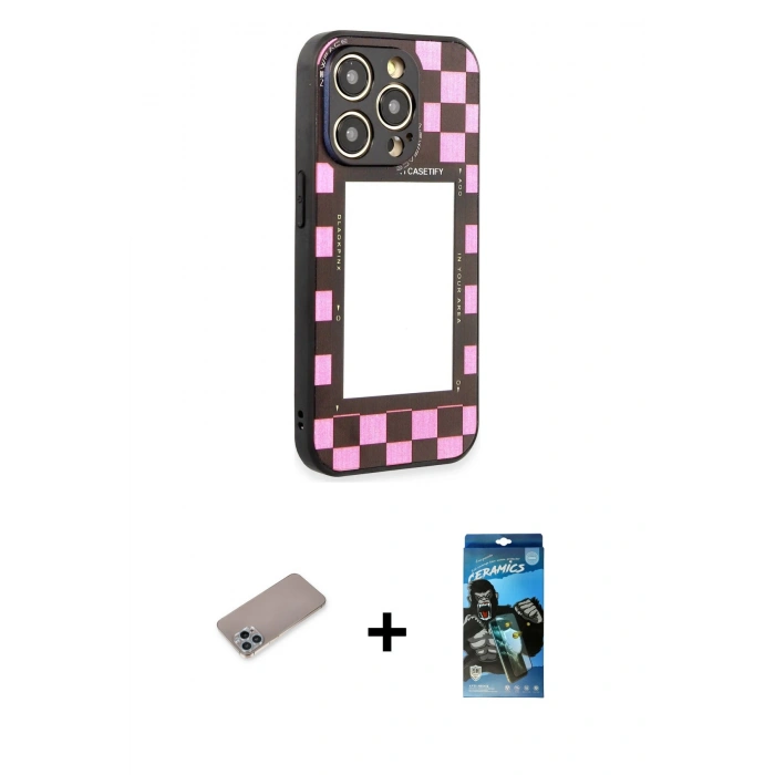 MARSİLYAN™- iPhone 12 Pro Max Kılıf Odak Klasik Serisi - Siyah 34D Izgaralı Cam + Shine Kamera Lens Koruma Cam - SABE