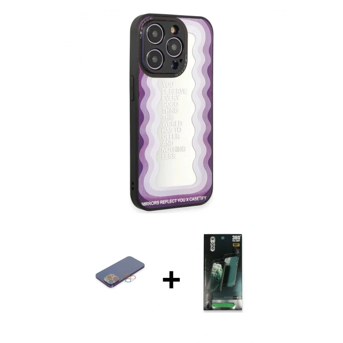 MARSİLYAN™- iPhone 12 Pro Max Kılıf Odak Klasik Serisi - Siyah 360 Mat Full Body Arka Koruyucu + Renkli Kamera Lens Koruma Cam - PE