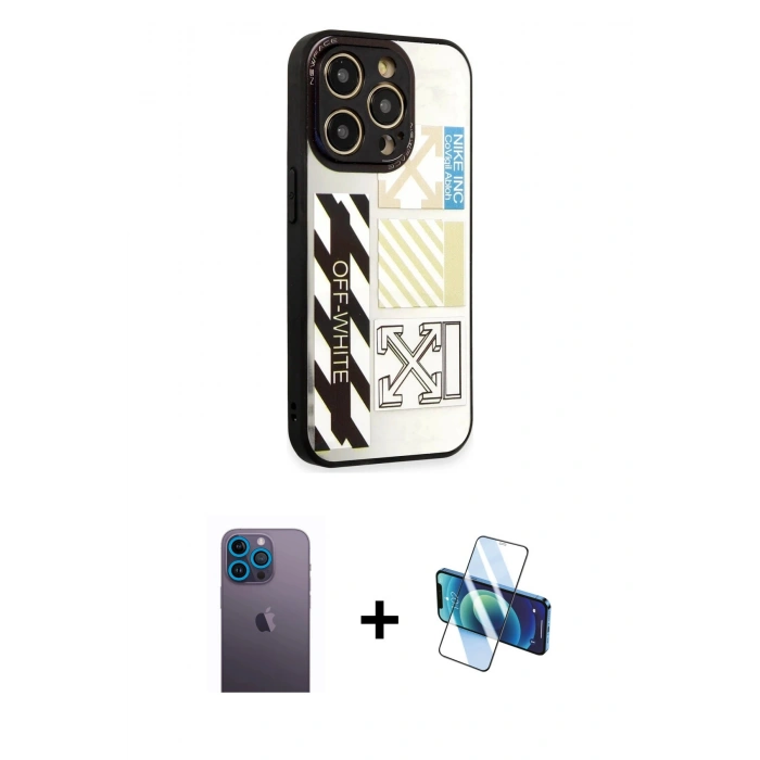 MARSİLYAN™- iPhone 12 Pro Max Kılıf Odak Klasik Serisi - Siyah 3D Antistatik Cam Ekran Koruyucu + Neon Fosforlu Kamera Lens - MI