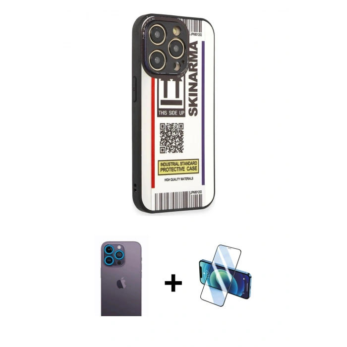 MARSİLYAN™- iPhone 12 Pro Max Kılıf Odak Klasik Serisi - Siyah 3D Antistatik Cam Ekran Koruyucu + Neon Fosforlu Kamera Lens - MI