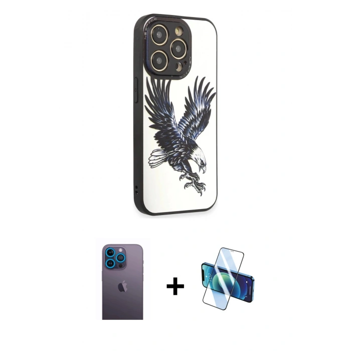 MARSİLYAN™- iPhone 12 Pro Max Kılıf Odak Klasik Serisi - Siyah 3D Antistatik Cam Ekran Koruyucu + Neon Fosforlu Kamera Lens - MI