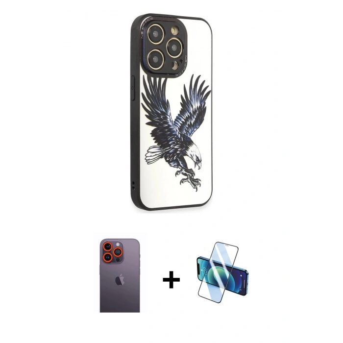 MARSİLYAN™- iPhone 12 Pro Max Kılıf Odak Klasik Serisi - Siyah 3D Antistatik Cam Ekran Koruyucu + Neon Fosforlu Kamera Lens - TU