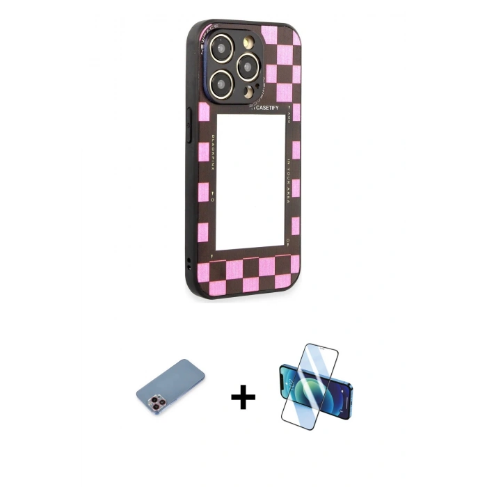 MARSİLYAN™- iPhone 12 Pro Max Kılıf Odak Klasik Serisi - Siyah 3D Antistatik Cam Ekran Koruyucu + Shine Kamera Lens Koruma Cam - PE