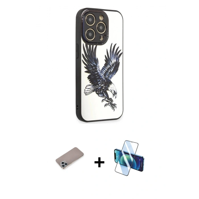 MARSİLYAN™- iPhone 12 Pro Max Kılıf Odak Klasik Serisi - Siyah 3D Antistatik Cam Ekran Koruyucu + Shine Kamera Lens Koruma Cam - SABE
