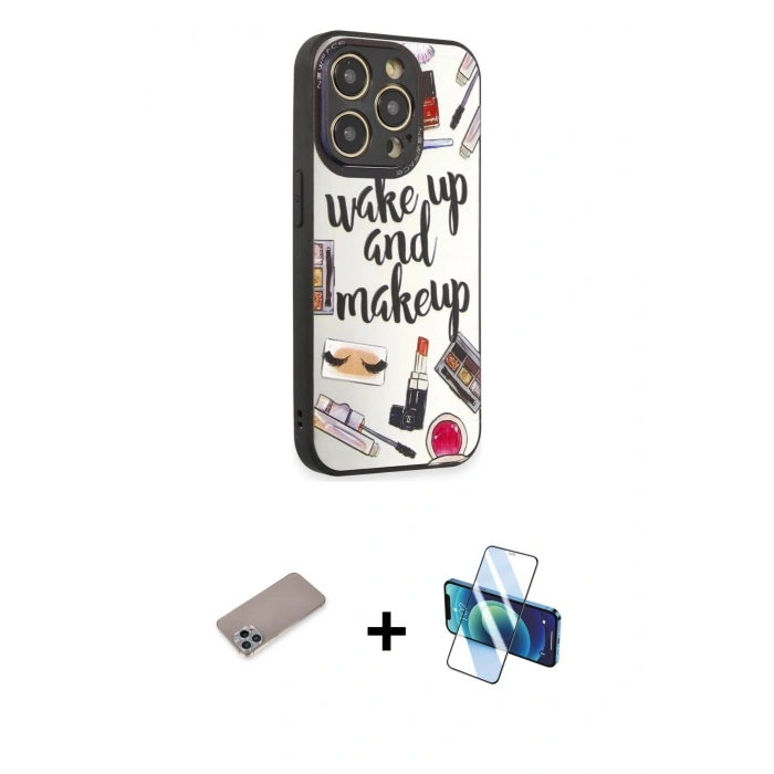 MARSİLYAN™- iPhone 12 Pro Max Kılıf Odak Klasik Serisi - Siyah 3D Antistatik Cam Ekran Koruyucu + Shine Kamera Lens Koruma Cam - SABE