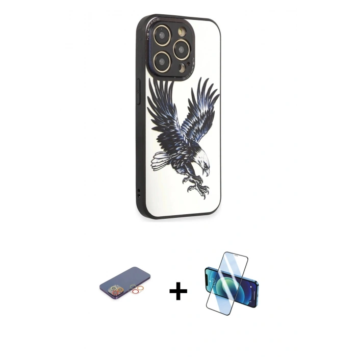MARSİLYAN™- iPhone 12 Pro Max Kılıf Odak Klasik Serisi - Siyah 3D Antistatik Cam Ekran Koruyucu + Renkli Kamera Lens Koruma Cam - TU