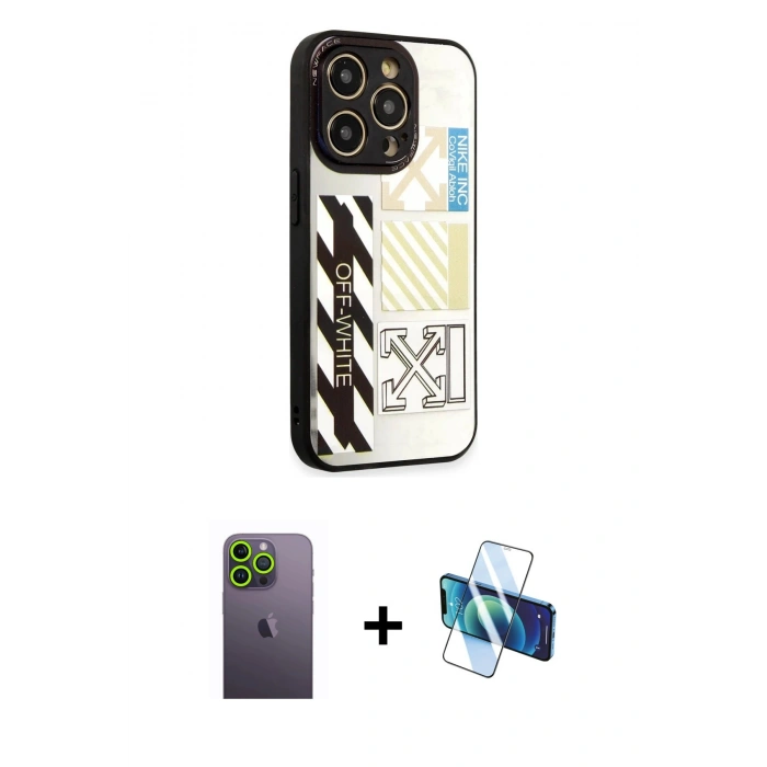 MARSİLYAN™- iPhone 12 Pro Max Kılıf Odak Klasik Serisi - Siyah 3D Antistatik Cam Ekran Koruyucu + Neon Fosforlu Kamera Lens - YL