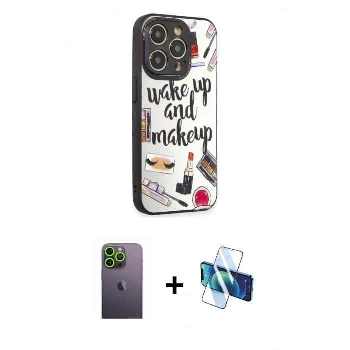 MARSİLYAN™- iPhone 12 Pro Max Kılıf Odak Klasik Serisi - Siyah 3D Antistatik Cam Ekran Koruyucu + Neon Fosforlu Kamera Lens - YL
