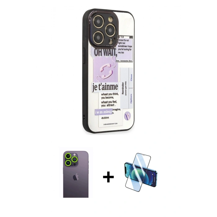 MARSİLYAN™- iPhone 12 Pro Max Kılıf Odak Klasik Serisi - Siyah 3D Antistatik Cam Ekran Koruyucu + Neon Fosforlu Kamera Lens - YL