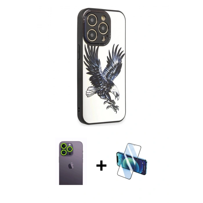 MARSİLYAN™- iPhone 12 Pro Max Kılıf Odak Klasik Serisi - Siyah 3D Antistatik Cam Ekran Koruyucu + Neon Fosforlu Kamera Lens - YL