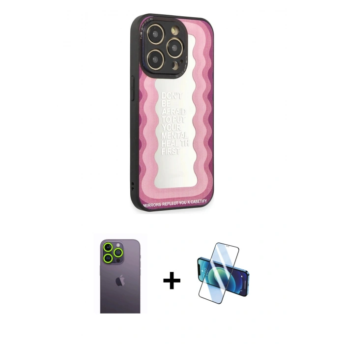MARSİLYAN™- iPhone 12 Pro Max Kılıf Odak Klasik Serisi - Siyah 3D Antistatik Cam Ekran Koruyucu + Neon Fosforlu Kamera Lens - YL