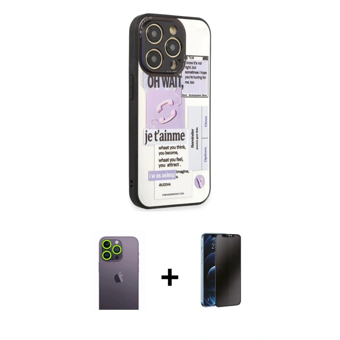 MARSİLYAN™- iPhone 12 Pro Max Kılıf Odak Klasik Serisi - Siyah 3D Antistatik Hayalet Cam Ekran Koruyucu + Neon Fosforlu Kamera Lens - YL