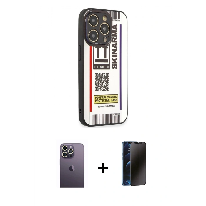 MARSİLYAN™- iPhone 12 Pro Max Kılıf Odak Klasik Serisi - Siyah 3D Antistatik Hayalet Cam Ekran Koruyucu + Neon Fosforlu Kamera Lens - BZ