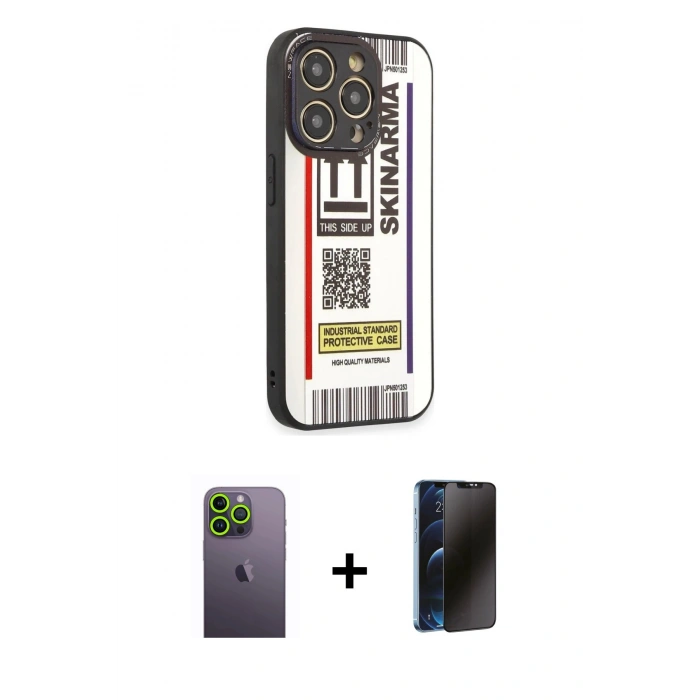 MARSİLYAN™- iPhone 12 Pro Max Kılıf Odak Klasik Serisi - Siyah 3D Antistatik Hayalet Cam Ekran Koruyucu + Neon Fosforlu Kamera Lens - YL