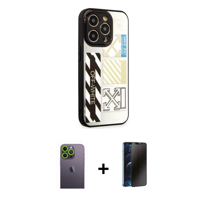 MARSİLYAN™- iPhone 12 Pro Max Kılıf Odak Klasik Serisi - Siyah 3D Antistatik Hayalet Cam Ekran Koruyucu + Neon Fosforlu Kamera Lens - YL