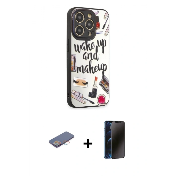 MARSİLYAN™- iPhone 12 Pro Max Kılıf Odak Klasik Serisi - Siyah 3D Antistatik Hayalet Cam Ekran Koruyucu + Renkli Kamera Lens Koruma Cam - PE