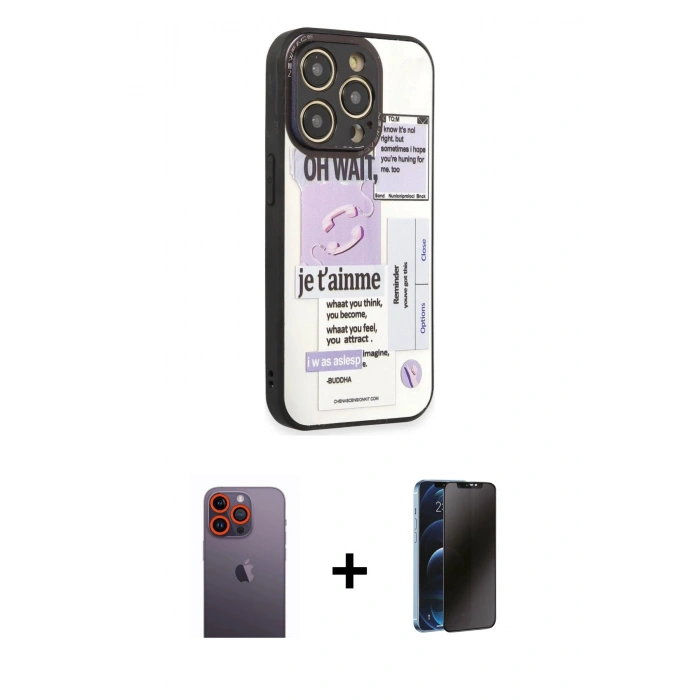 MARSİLYAN™- iPhone 12 Pro Max Kılıf Odak Klasik Serisi - Siyah 3D Antistatik Hayalet Cam Ekran Koruyucu + Neon Fosforlu Kamera Lens - TU