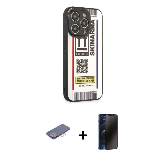 MARSİLYAN™- iPhone 12 Pro Max Kılıf Odak Klasik Serisi - Siyah 3D Antistatik Hayalet Cam Ekran Koruyucu + Renkli Kamera Lens Koruma Cam - PE