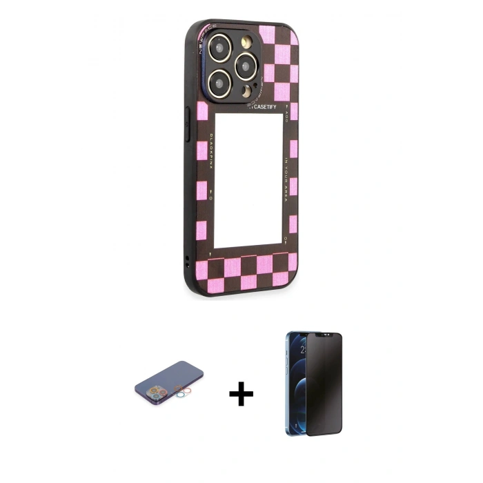 MARSİLYAN™- iPhone 12 Pro Max Kılıf Odak Klasik Serisi - Siyah 3D Antistatik Hayalet Cam Ekran Koruyucu + Renkli Kamera Lens Koruma Cam - PE