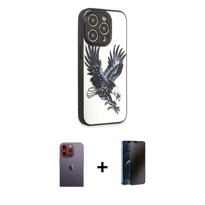 MARSİLYAN™- iPhone 12 Pro Max Kılıf Odak Klasik Serisi - Siyah 3D Antistatik Hayalet Cam Ekran Koruyucu + Neon Fosforlu Kamera Lens - TU