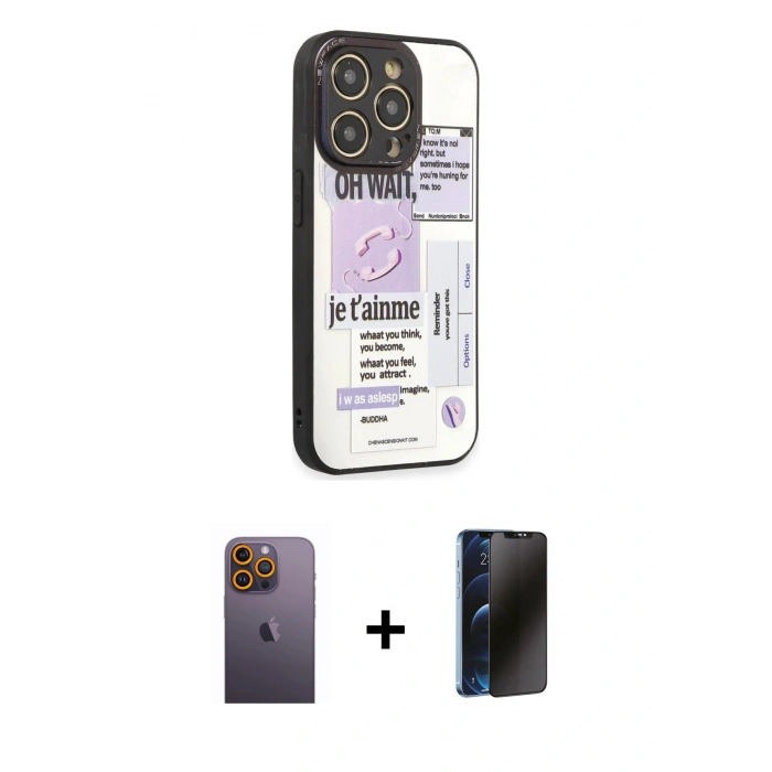 MARSİLYAN™- iPhone 12 Pro Max Kılıf Odak Klasik Serisi - Siyah 3D Antistatik Hayalet Cam Ekran Koruyucu + Neon Fosforlu Kamera Lens - SI