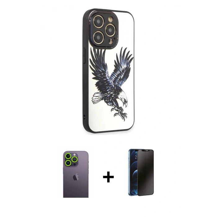 MARSİLYAN™- iPhone 12 Pro Max Kılıf Odak Klasik Serisi - Siyah 3D Antistatik Hayalet Cam Ekran Koruyucu + Neon Fosforlu Kamera Lens - YL
