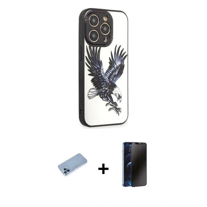 MARSİLYAN™- iPhone 12 Pro Max Kılıf Odak Klasik Serisi - Siyah 3D Antistatik Hayalet Cam Ekran Koruyucu + Mavi Shine Kamera Lens Koruma Cam